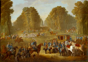 Placa que representa las cacerías de Luis XVI: el encuentro en el cruce del pozo del Rey en el bosque de Compiègne