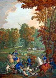 Placa que representa las cacerías de Luis XVI: el relevo en la encrucijada de la Embrassade en el bosque de Compiegne