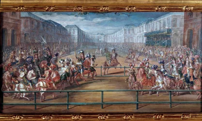 El pomposo carrusel de las amazonas galantes de las cuatro partes del mundo dado por Luis XIV frente a las Tullerías el 5 de junio