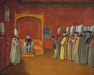 Sultán Ahmed III (1673-1736) recibiendo una delegación embajadora europea en el Palacio de Topkapi