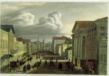 Calle Tverskaya en Moscú. Obra de Auguste Jean Baptiste Antoine Cadolie (1782-1849), litografía coloreada en acuarela