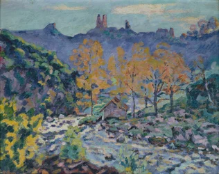 El molino de Brigand y las ruinas del castillo de Crozant, Creuse, c.1900