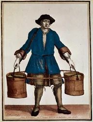 Aguador, grabado coloreado por Henri Bonnart (1642-1711) y Jean Baptiste Bonnart (1654-1726), del Recueil des modes de la cour de France