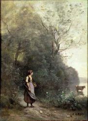 Una campesina pastoreando una vaca al borde de un bosque, c.1865-70