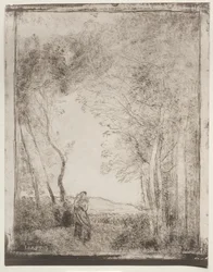 Una joven madre en la entrada de un bosque, impresión original 1856, impreso en 1921