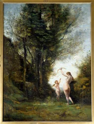 Una ninfa jugando con un amor. Pintura de Camille Corot
