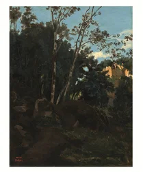Arboleda entre las rocas de Civita Castellana (óleo sobre papel extendido sobre lienzo)