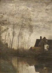 Francés: Scène de rivière avec maisons et peupliers A River Scene with Houses and Poplars