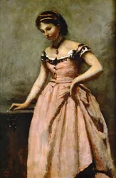 Niña en vestido rosa con rosas y una perla ...