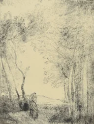 Joven madre a la entrada de un bosque