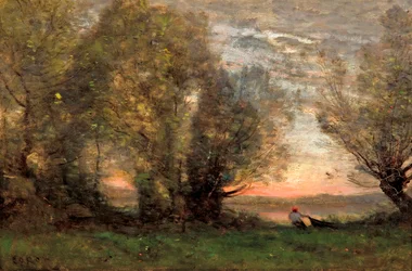 "El pescador, efecto vespertino" (El pescador, efecto vespertino) Pintura de Jean-Baptiste Camille Corot (1796-1875) - ca 1860-1870 - Óleo sobre lienzo Dim 27,7x41,4 cm Art Gallery of South Australia