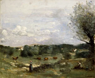 Prado con vacas, un sauce a la derecha y un pueblo distante
