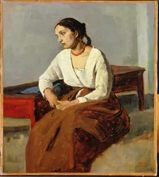Mujer Sentada con Falda Marrón