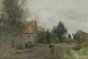 Sin cerca de Douai, calle del pueblo en la mañana, clima gris, 1872