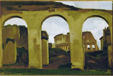 El Coliseo, visto a través de las arcadas de la Basílica de San Constantino, Roma ...