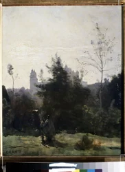 ""Vista del castillo de Pierrefonds en el Oise"" Pintura de Camille Corot (1796-1875) Circa 1860 Museo Pouchkine, Moscú