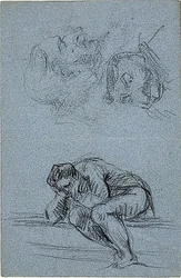 Figura sentada con la cabeza entre las manos y dos caricaturas (anverso); cuatro figuras en una luneta (reverso)
