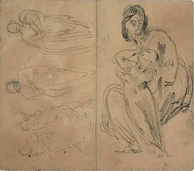 Bocetos: Cuatro figuras y Madre sentada y niño (anverso); Madre sentada y niño (reverso)