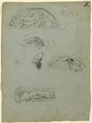 Figura de pie en un nicho y estudios para el Grupo Ugolino, 1857-58