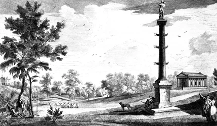 Vista desde el monumento del Capitán Grenville al templo griego, jardines de la casa Stowe, grabado por George Bickham, 1753