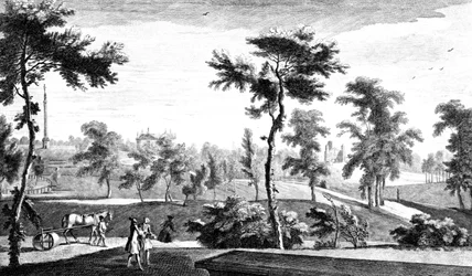 Una vista desde el Templo Griego hasta el Pilar de Lord Cobham, Jardines de Stowe House, grabado por George Bickham, 1753