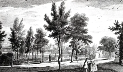 Vista de los Campos Elíseos desde el Manantial de Helicon, Jardines de la Casa Stowe, grabado por George Bickham, 1753