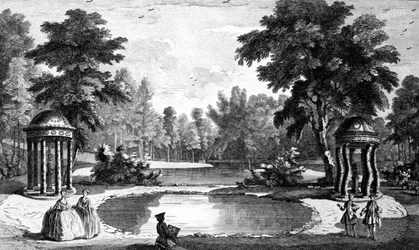 Vista de la Gruta y dos templos de conchas, Jardines de la Casa Stowe, grabado por George Bickham, 1753
