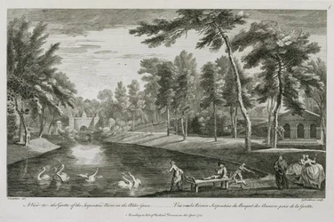 Vista a la gruta del río Serpentine en el bosque de alisos en Stowe, 1753, grabado por George Bickham