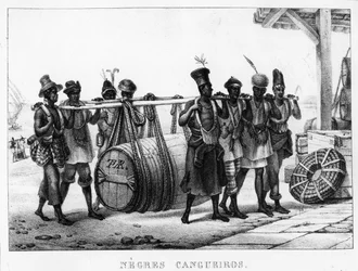 «Cangueiros negros» - Porteadores negros transportan un barril, grabado por Thierry Frères (activo 1827-45), 1835