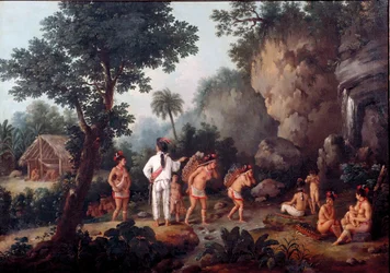 Esclavitud: «caza de esclavos» - familias indígenas (¿de Brasil?) son capturadas por traficantes de esclavos. Museo de São Paulo, Brasil.