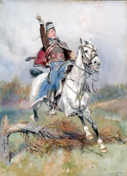 Un caballero de caballería francés a caballo, 1900
