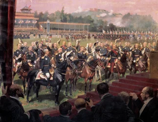 La distribución de banderas en Longchamp por el presidente Jules Grevy en presencia de Leon Gambetta el 14 de julio