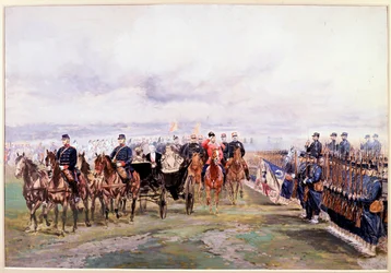 El zar Nicolás revisa las tropas con Félix Faure en Chalon-sur-Marne durante su visita a Francia, 9 de octubre