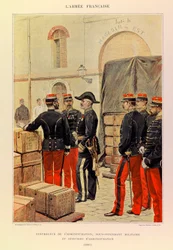 Tipos y uniformes del ejército francés del capitán Jules Richard, ilustrado por Edouard Detaille (1848-1912): Controlador de administración, intendente militar adjunto y oficiales administrativos en 1887, colección privada