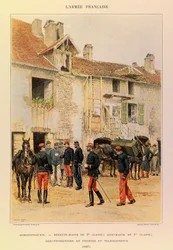 Tipos y uniformes del ejército francés del Capitán Jules Richard, ilustrados por Edouard Detaille: Administración: Médico Mayor de 2ª Clase; Ayudante Mayor de 1ª Clase; Ayudante Veterinario Primero y Telegrafista en 1887