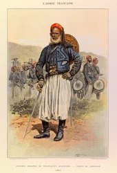 Tipos y uniformes del Ejército Francés del Capitán Jules Richard, ilustrado por Edouard Detaille (1886): Oficial Nativo de Tunecinos Argelinos en Uniforme de Campo, Colección Privada