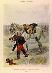 Tipos y uniformes del ejército francés del Capitán Jules Richard, ilustrado por Edouard Detaille (1848-1912): Trompeta de Dragones en uniforme de campo en 1885, Colección Privada