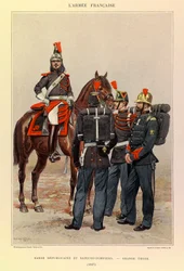 Tipos y uniformes del Ejército Francés del Capitán Jules Richard, ilustrado por Edouard Detaille (1848-1912): Guardia Republicana y Bomberos en Gran Atuendo en 1887, Colección Privada