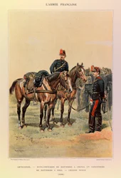 Tipos y uniformes del Ejército Francés del Capitán Jules Richard, ilustrado por Edouard Detaille (1848-1912): Artillería: Suboficiales de baterías a caballo y artilleros de batería a pie en gran atuendo en 1886, Colección privada