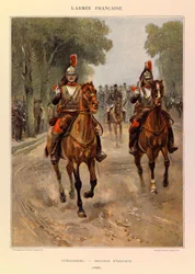 Tipos y uniformes del ejército francés del Capitán Jules Richard, ilustrado por Edouard Detaille: Coraceros; Pelotón de escolta en 1885