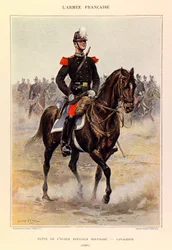 Tipos y uniformes del ejército francés del Capitán Jules Richard, ilustrados por Edouard Detaille: Alumno de la escuela militar especial: Caballería en 1885