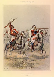 Tipos y uniformes del ejército francés del capitán Jules Richard, ilustrado por Edouard Detaille: Spahis en la Fantasía en 1886, Colección privada