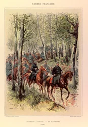 Tipos y uniformes del ejército francés del capitán Jules Richard, ilustrado por Edouard Detaille: Cazadores a caballo en maniobra en 1885, Colección privada