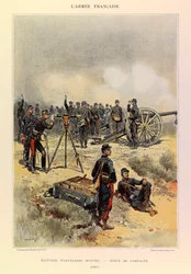 Tipos y uniformes del ejército francés del Capitán Jules Richard, ilustrado por Edouard Detaille (1848-1912): Batería de Artillería montada en uniforme de campaña en 1887, Colección Privada