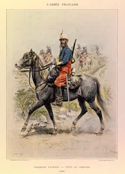 Tipos y uniformes del ejército francés del Capitán Jules Richard, ilustrado por Edouard Detaille (1848-1912): Cazadores de África en uniforme de campo en 1886, Colección Privada