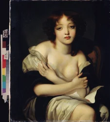 ""La carta"" (Una carta) Joven desnuda con una expresión melancólica, sosteniendo una carta de amor. Pintura de Jean Baptiste Greuze (1725-1805) Museo Estatal Arkhangelskoye Estate, Moscú