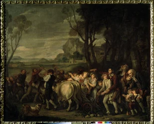 ""Le premier sillon"" (El primer surco) Fiesta campesina organizada con motivo del trazado del primer surco excavado al comienzo de la arada. Pintura de Jean Baptiste Greuze (1725-1805) 1801 Museo Pushkin, Moscú
