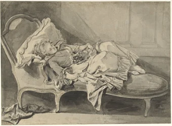 Madame Greuze en una tumbona con su perrito