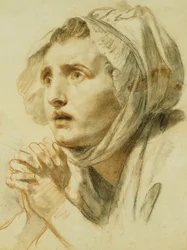 Retrato de una mujer, busto, con un sombrero, con las manos entrelazadas