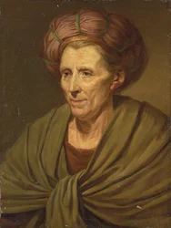 Retrato de una mujer, busto, con un turbante marrón y chal verde